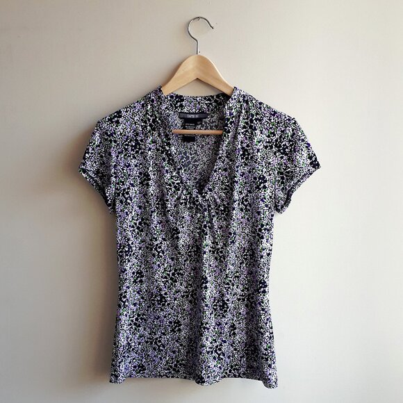 CHAPTER ONE Vneck Short Sleeve Blouse with Rushing Detail in Violet Floral Print - Picture 1 of 13
